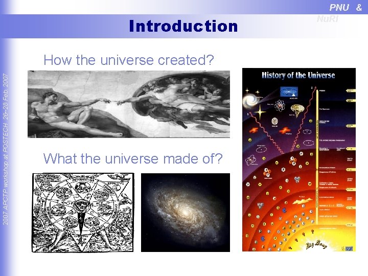 Introduction 2007 APCTP workshop at POSTECH 26~28 Feb. 2007 How the universe created? What