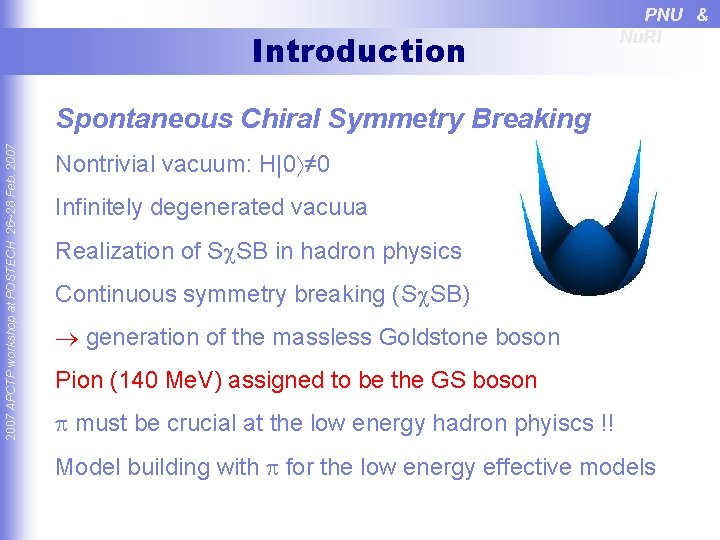 Introduction PNU & Nu. RI 2007 APCTP workshop at POSTECH 26~28 Feb. 2007 Spontaneous