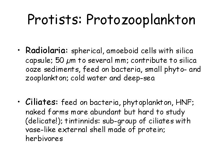 Protists: Protozooplankton • Radiolaria: spherical, amoeboid cells with silica capsule; 50 µm to several