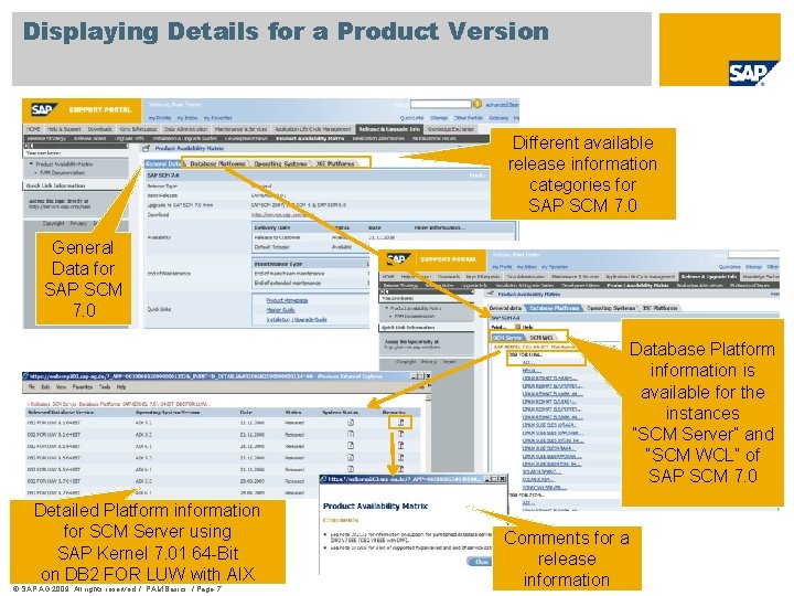 Displaying Details for a Product Version Different available release information categories for SAP SCM