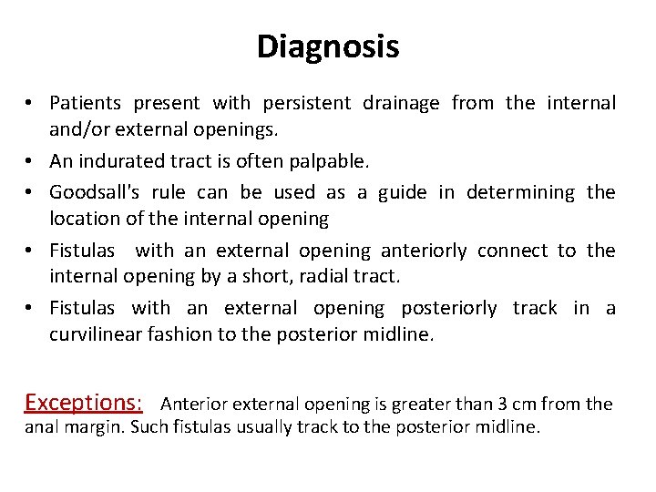 Diagnosis • Patients present with persistent drainage from the internal and/or external openings. •