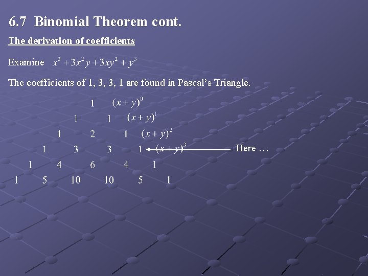 6. 7 Binomial Theorem cont. The derivation of coefficients Examine The coefficients of 1,
