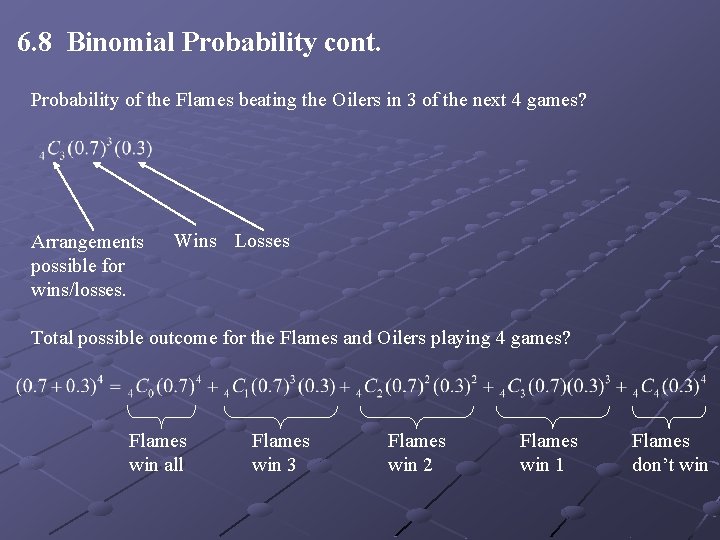 6. 8 Binomial Probability cont. Probability of the Flames beating the Oilers in 3