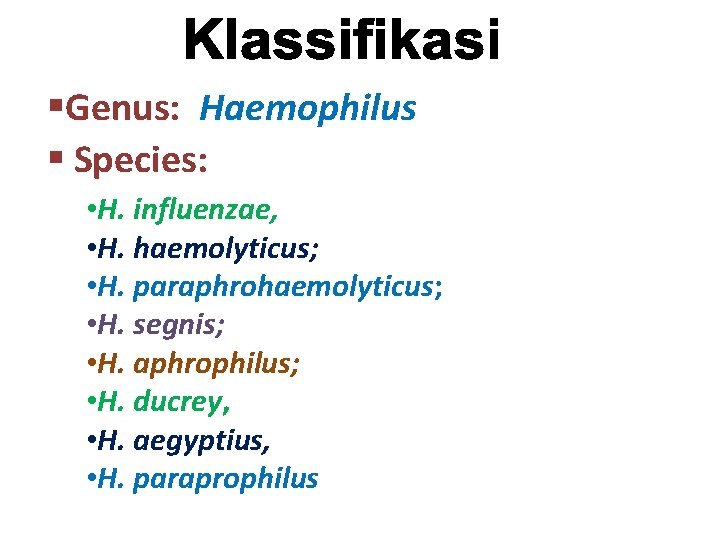 §Genus: Haemophilus § Species: • H. influenzae, • H. haemolyticus; • H. paraphrohaemolyticus; •
