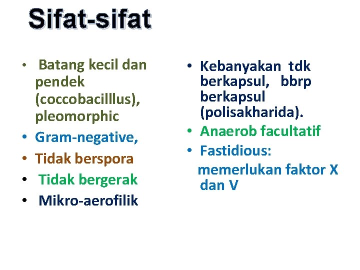 Sifat-sifat • Batang kecil dan • • pendek (coccobacilllus), pleomorphic Gram-negative, Tidak berspora Tidak