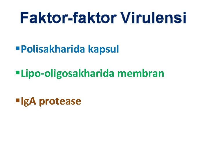 Faktor-faktor Virulensi §Polisakharida kapsul §Lipo-oligosakharida membran §Ig. A protease 