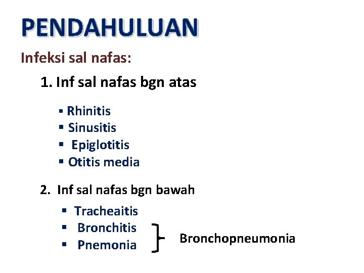 PENDAHULUAN Infeksi sal nafas: 1. Inf sal nafas bgn atas § Rhinitis § Sinusitis