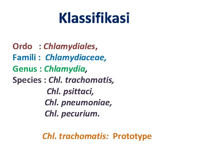 Klassifikasi Ordo : Chlamydiales, Famili : Chlamydiaceae, Genus : Chlamydia, Species : Chl. trachomatis,