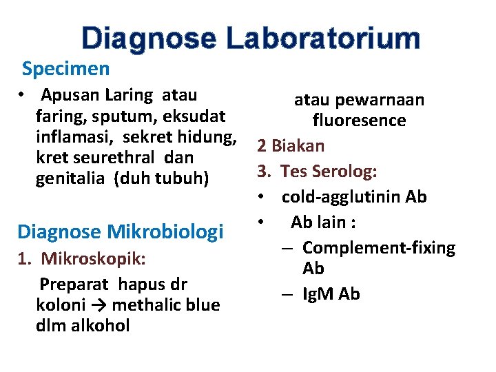 Diagnose Laboratorium Specimen • Apusan Laring atau faring, sputum, eksudat inflamasi, sekret hidung, kret