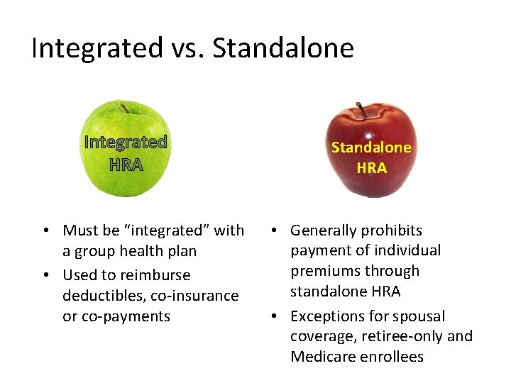 Integrated vs. Standalone Integrated HRA • Must be “integrated” with a group health plan