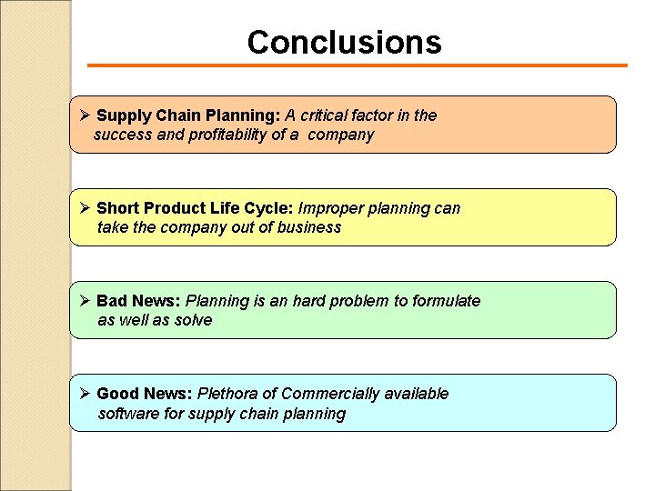 Conclusions Ø Supply Chain Planning: A critical factor in the success and profitability of