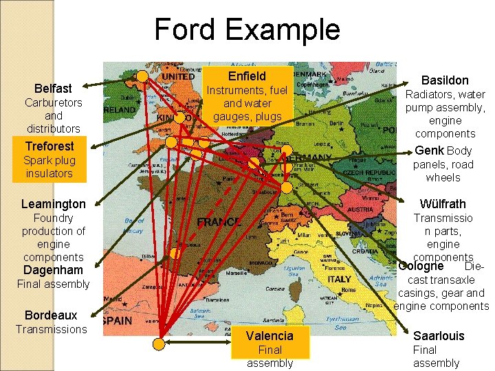 Ford Example Belfast Carburetors and distributors Enfield Instruments, fuel and water gauges, plugs Treforest