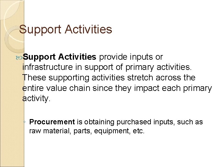 Support Activities provide inputs or infrastructure in support of primary activities. These supporting activities