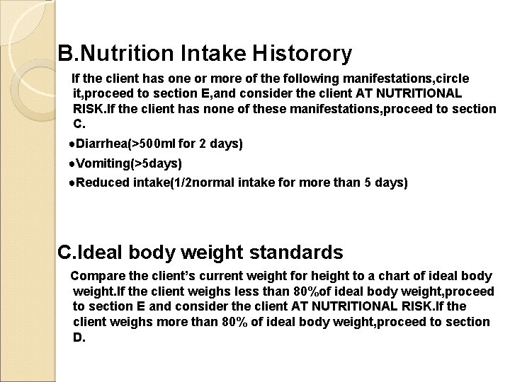 B. Nutrition Intake Historory If the client has one or more of the following