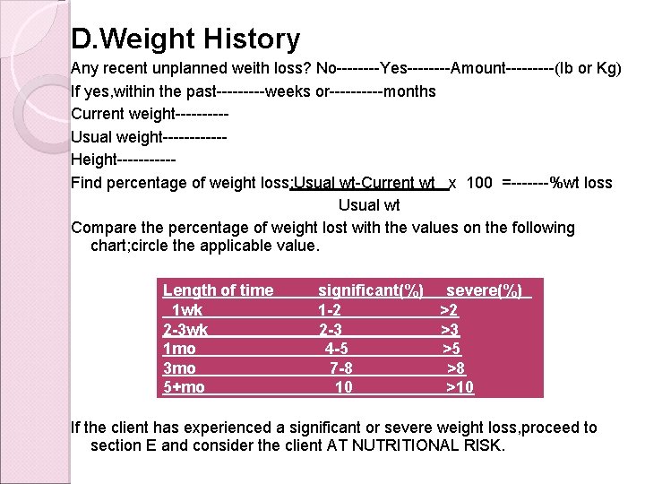 D. Weight History Any recent unplanned weith loss? No----Yes----Amount-----(Ib or Kg) If yes, within