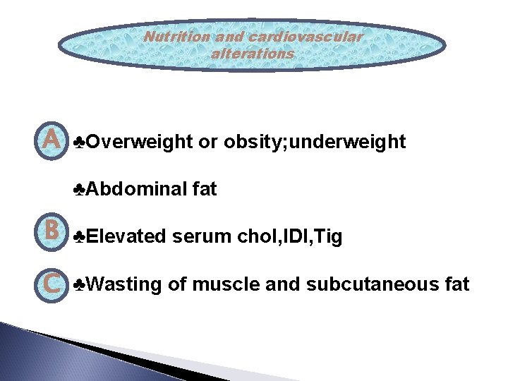 Nutrition and cardiovascular alterations A ♣Overweight or obsity; underweight ♣Abdominal fat B ♣Elevated serum