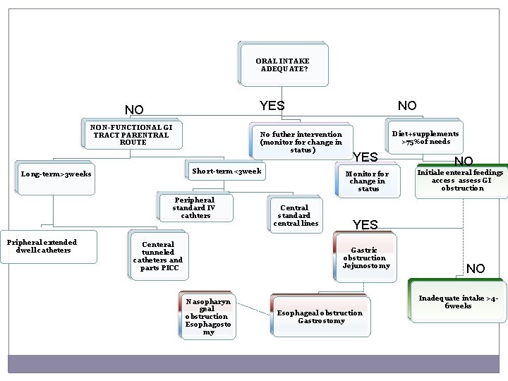 ORAL INTAKE ADEQUATE? YES NO NON-FUNCTIONAL GI TRACT PARENTRAL ROUTE No futher intervention (monitor