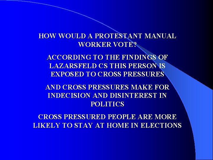 HOW WOULD A PROTESTANT MANUAL WORKER VOTE? ACCORDING TO THE FINDINGS OF LAZARSFELD CS
