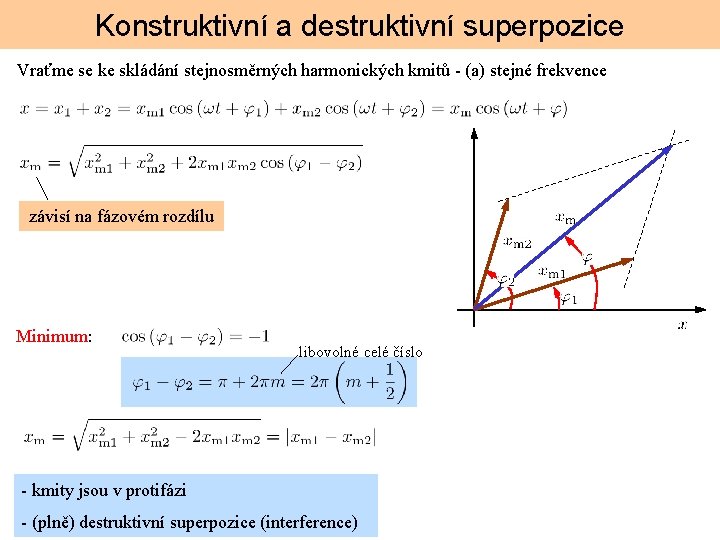 Konstruktivní a destruktivní superpozice Vraťme se ke skládání stejnosměrných harmonických kmitů (a) stejné frekvence