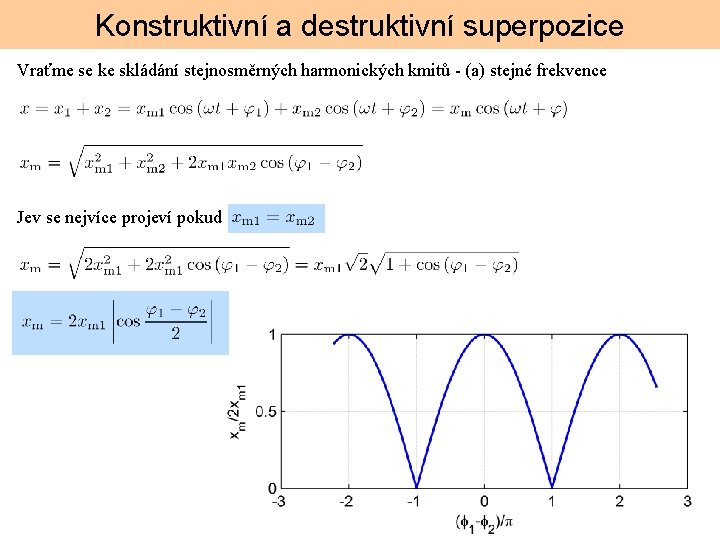 Konstruktivní a destruktivní superpozice Vraťme se ke skládání stejnosměrných harmonických kmitů (a) stejné frekvence