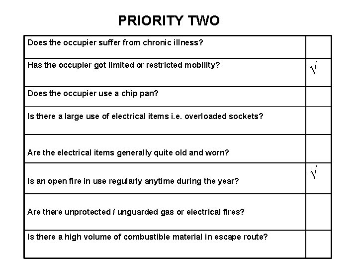 PRIORITY TWO Does the occupier suffer from chronic illness? Has the occupier got limited