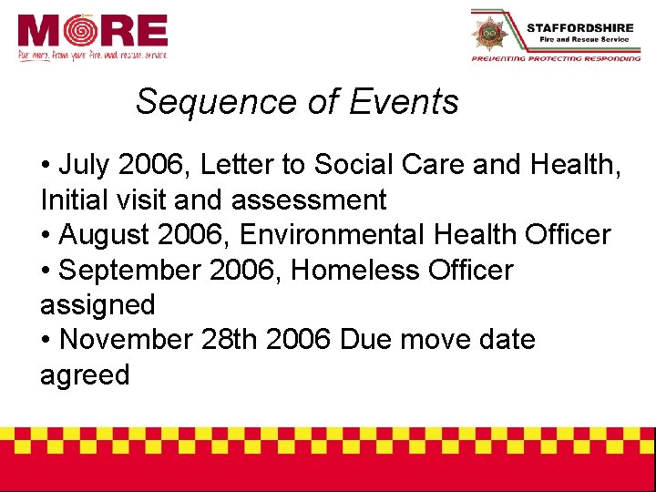 Sequence of Events • July 2006, Letter to Social Care and Health, Initial visit