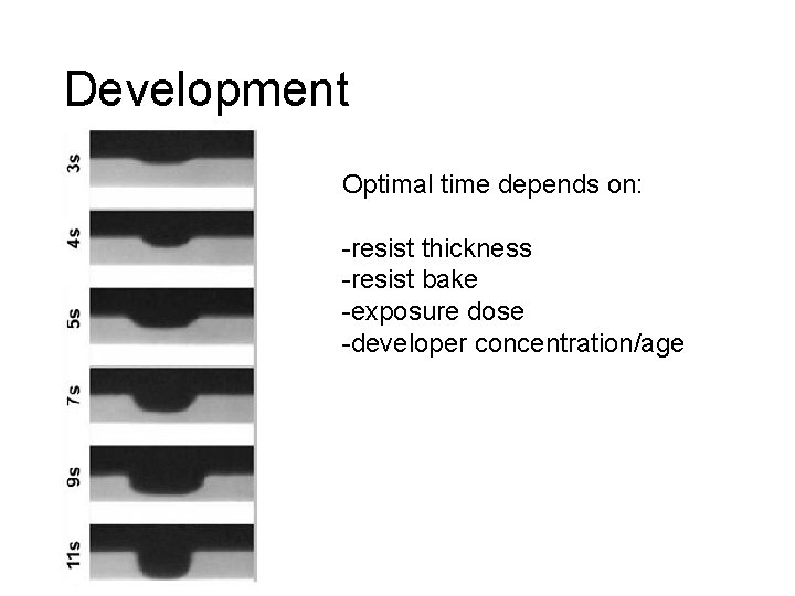 Development Optimal time depends on: -resist thickness -resist bake -exposure dose -developer concentration/age 