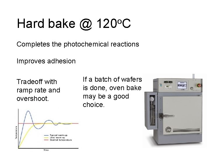 Hard bake @ 120 o. C Completes the photochemical reactions Improves adhesion Tradeoff with
