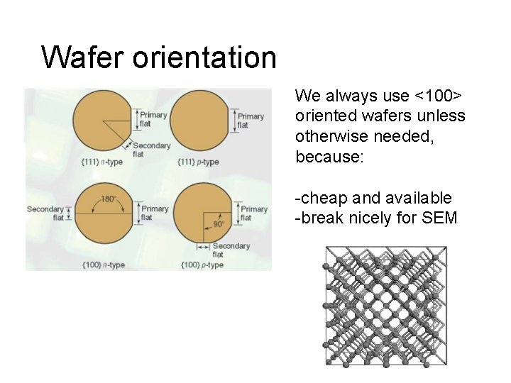 Wafer orientation We always use <100> oriented wafers unless otherwise needed, because: -cheap and