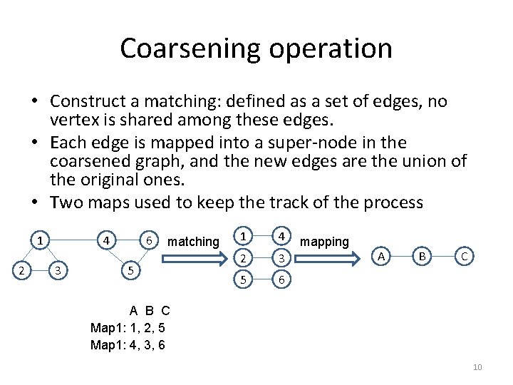 Coarsening operation • Construct a matching: defined as a set of edges, no vertex