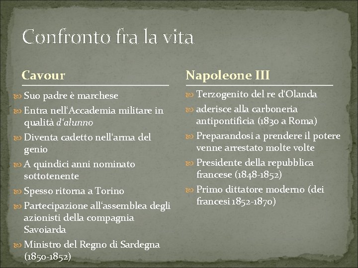 Confronto fra la vita Cavour Napoleone III Suo padre è marchese Terzogenito del re