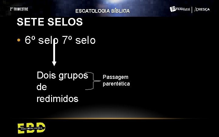 ESCATOLOGIA BÍBLICA SETE SELOS • 6º selo 7º selo Dois grupos de redimidos Passagem