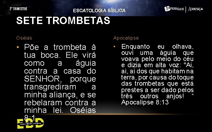 ESCATOLOGIA BÍBLICA SETE TROMBETAS Oséias Apocalipse • Põe a trombeta à tua boca. Ele