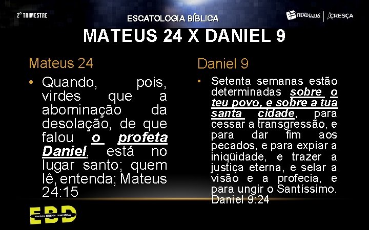 ESCATOLOGIA BÍBLICA MATEUS 24 X DANIEL 9 Mateus 24 • Quando, pois, virdes que