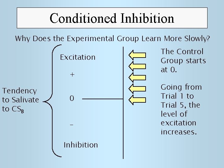Conditioned Inhibition Why Does the Experimental Group Learn More Slowly? Excitation + Tendency to