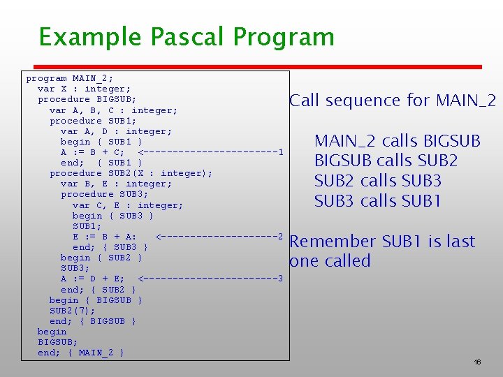 Example Pascal Program program MAIN_2; var X : integer; procedure BIGSUB; var A, B,