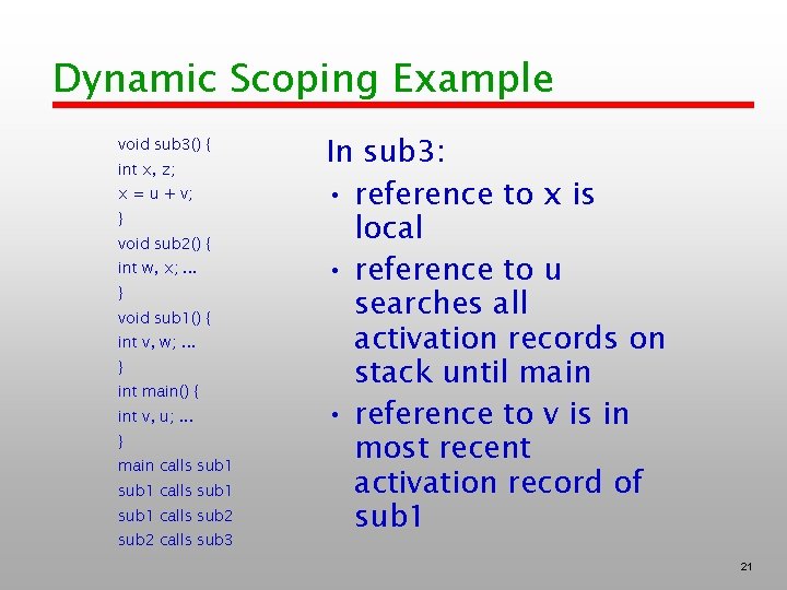 Dynamic Scoping Example void sub 3() { int x, z; x = u +