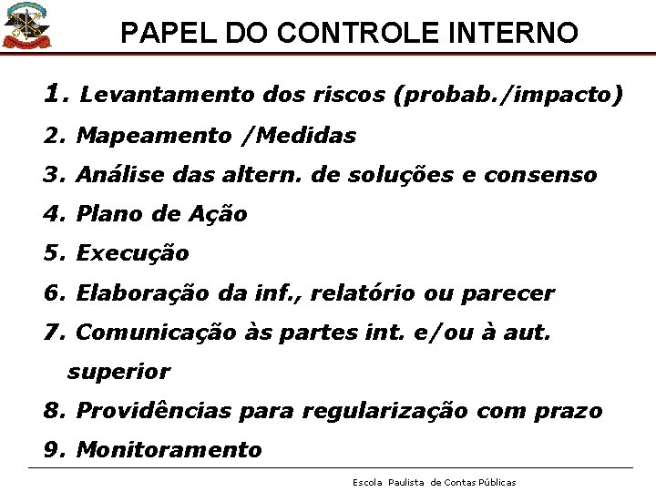 PAPEL DO CONTROLE INTERNO 1. Levantamento dos riscos (probab. /impacto) 2. Mapeamento /Medidas 3.