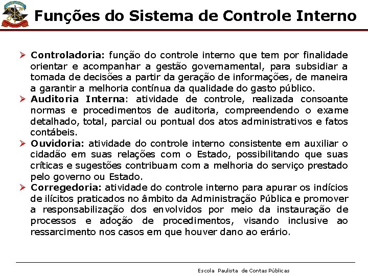 Funções do Sistema de Controle Interno Ø Controladoria: função do controle interno que tem