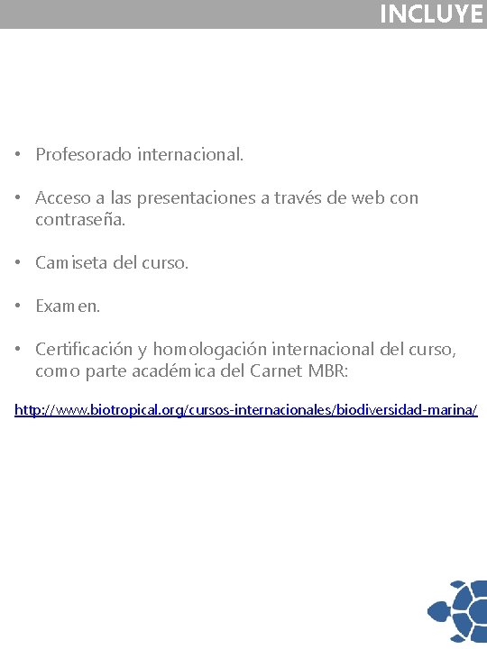 INCLUYE • Profesorado internacional. • Acceso a las presentaciones a través de web contraseña.