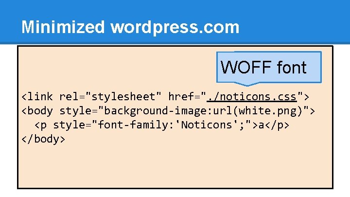 Minimized wordpress. com WOFF font <link rel="stylesheet" href=". /noticons. css"> <body style="background-image: url(white. png)">