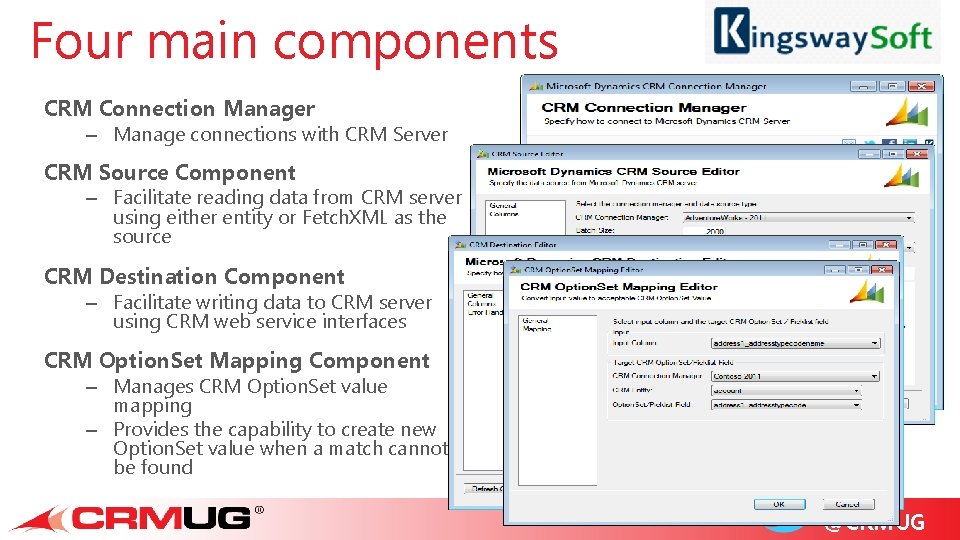 Four main components CRM Connection Manager – Manage connections with CRM Server CRM Source