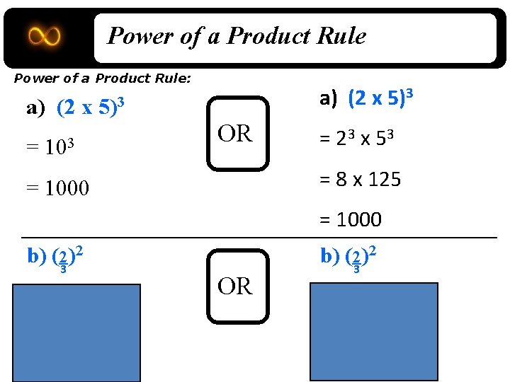 Power of a Product Rule: a) (2 x 5)3 = 103 OR = 23