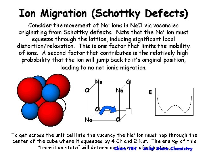 Ion Migration (Schottky Defects) Consider the movement of Na+ ions in Na. Cl via