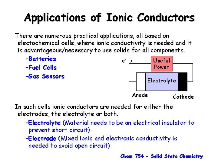 Applications of Ionic Conductors There are numerous practical applications, all based on electochemical cells,