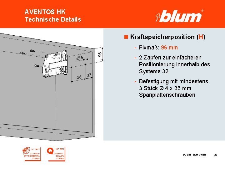 AVENTOS HK Technische Details n Kraftspeicherposition (H) - Fixmaß: 96 mm - 2 Zapfen