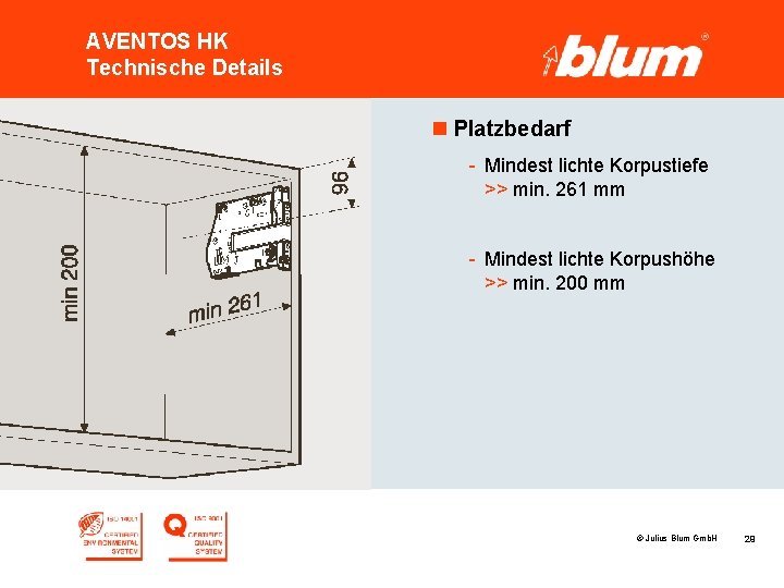 AVENTOS HK Technische Details n Platzbedarf - Mindest lichte Korpustiefe >> min. 261 mm