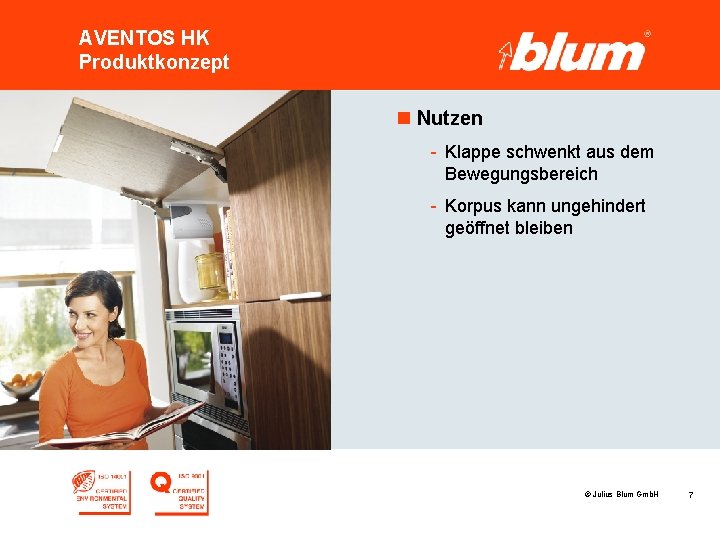 AVENTOS HK Produktkonzept n Nutzen - Klappe schwenkt aus dem Bewegungsbereich - Korpus kann