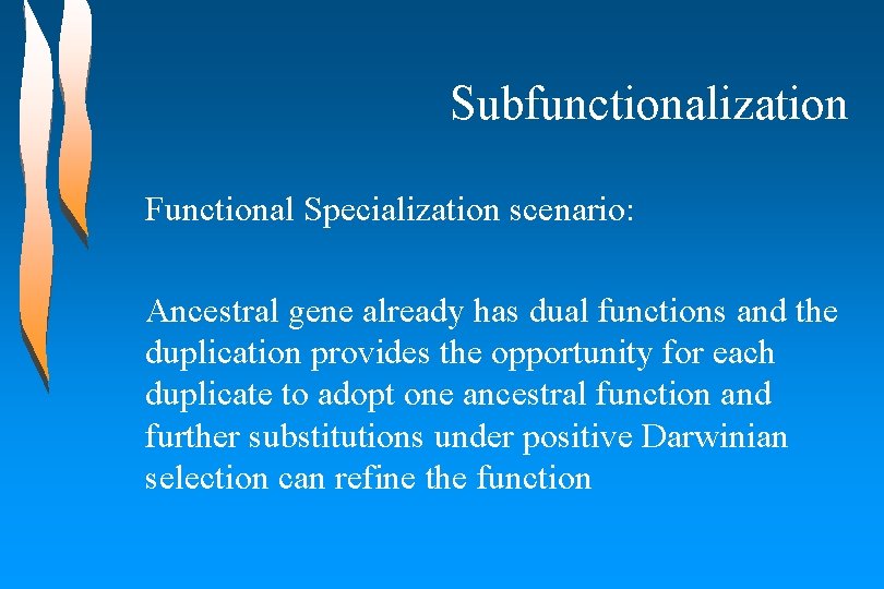 Subfunctionalization Functional Specialization scenario: Ancestral gene already has dual functions and the duplication provides