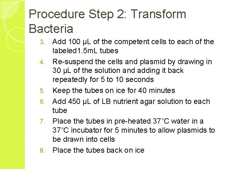 Procedure Step 2: Transform Bacteria 3. 4. 5. 6. 7. 8. Add 100 µL